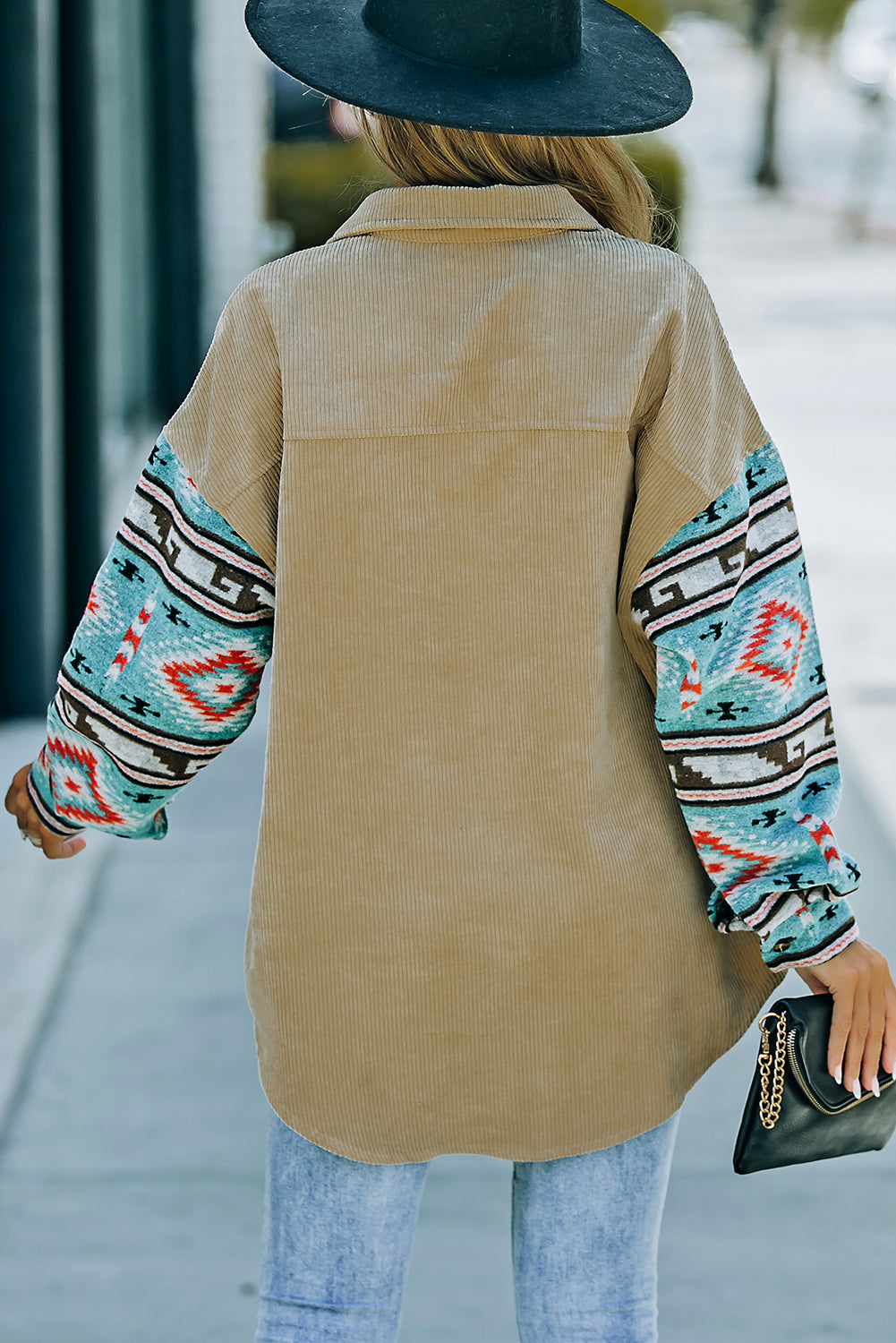 Khaki Aztec Pattern Sleeve Pocketed Corduroy Shacket