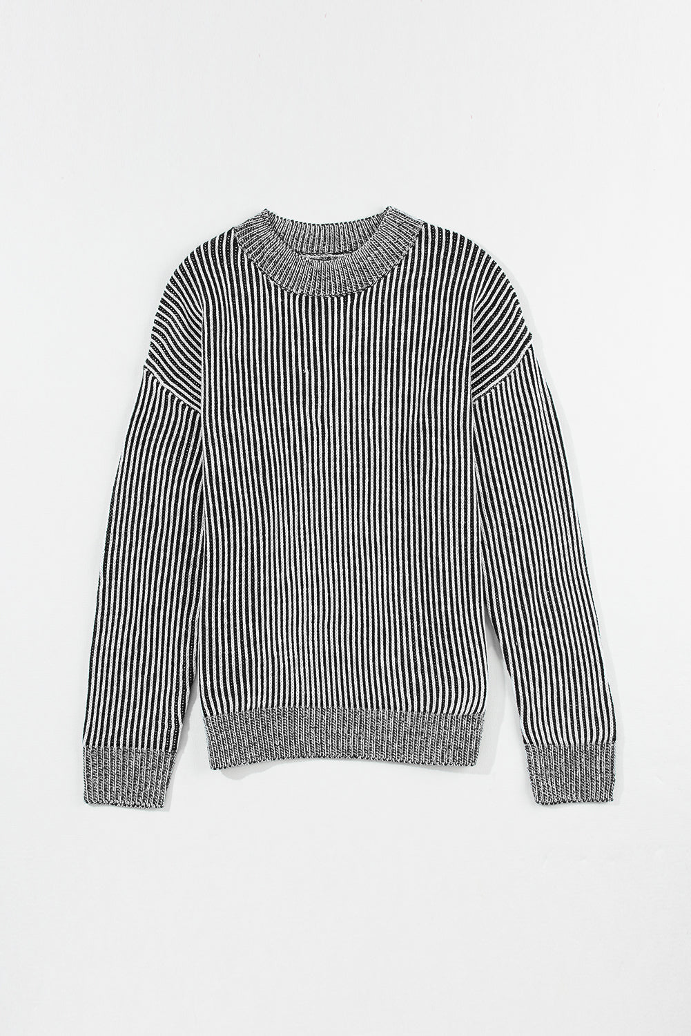 Black Striped Print Ribbed Trim Round Neck Sweater