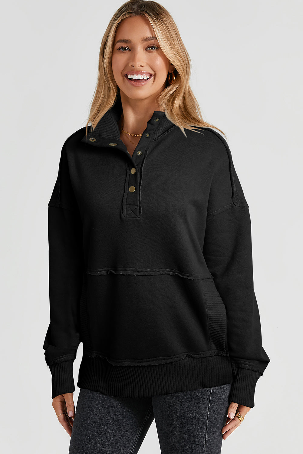 Black Ribbed Hem Snap Button Neckline Sweatshirt with Pocket