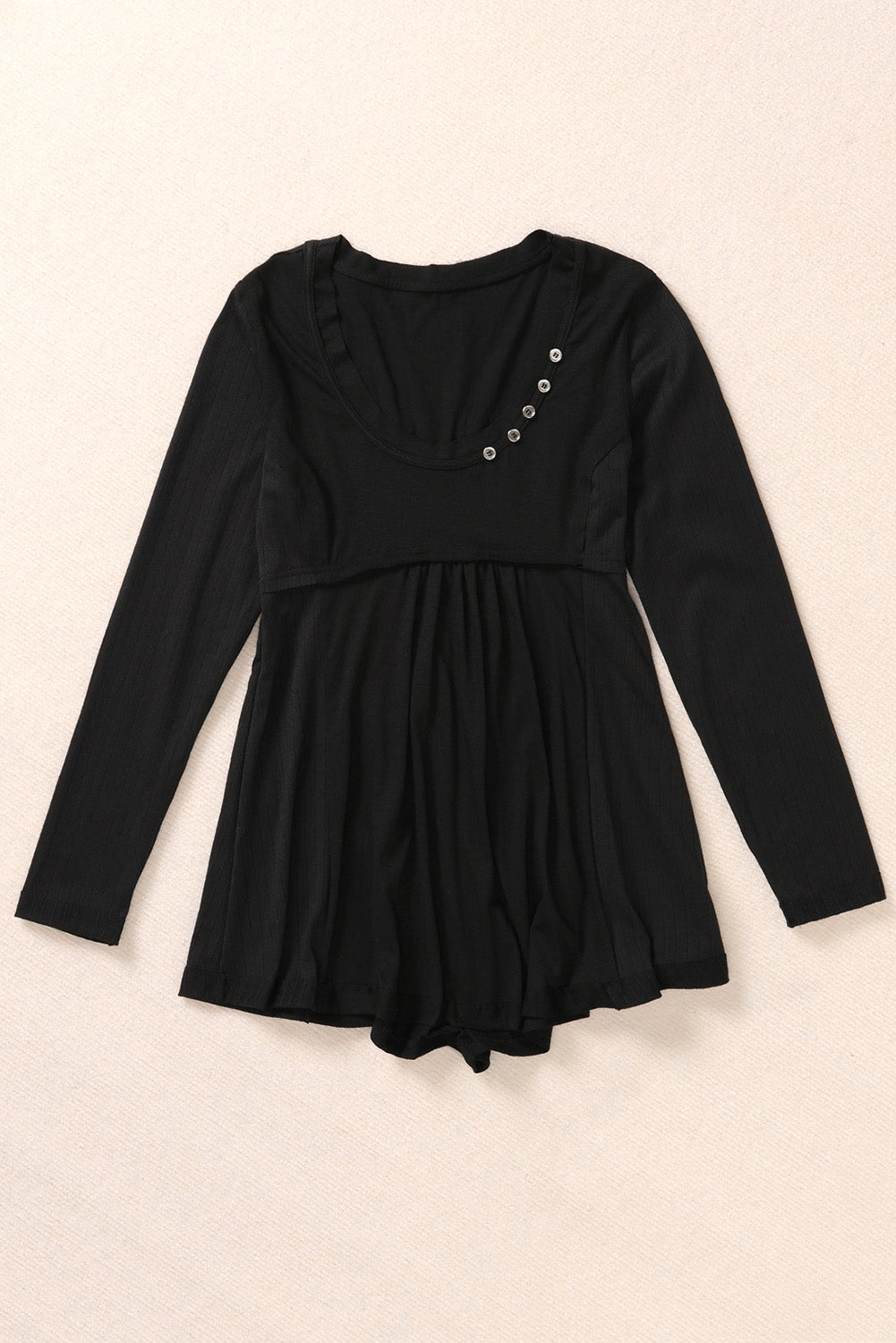 Black Solid Color Buttons Long Sleeve Babydoll Blouse