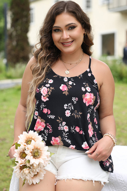 Black Plus Size Floral Strappy Racerback Top