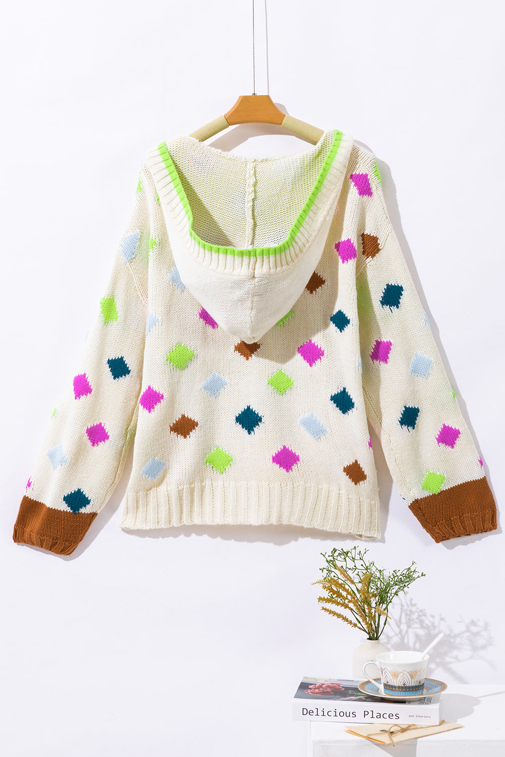 White Rhombus Pattern Colorblock V Neck Hooded Sweater