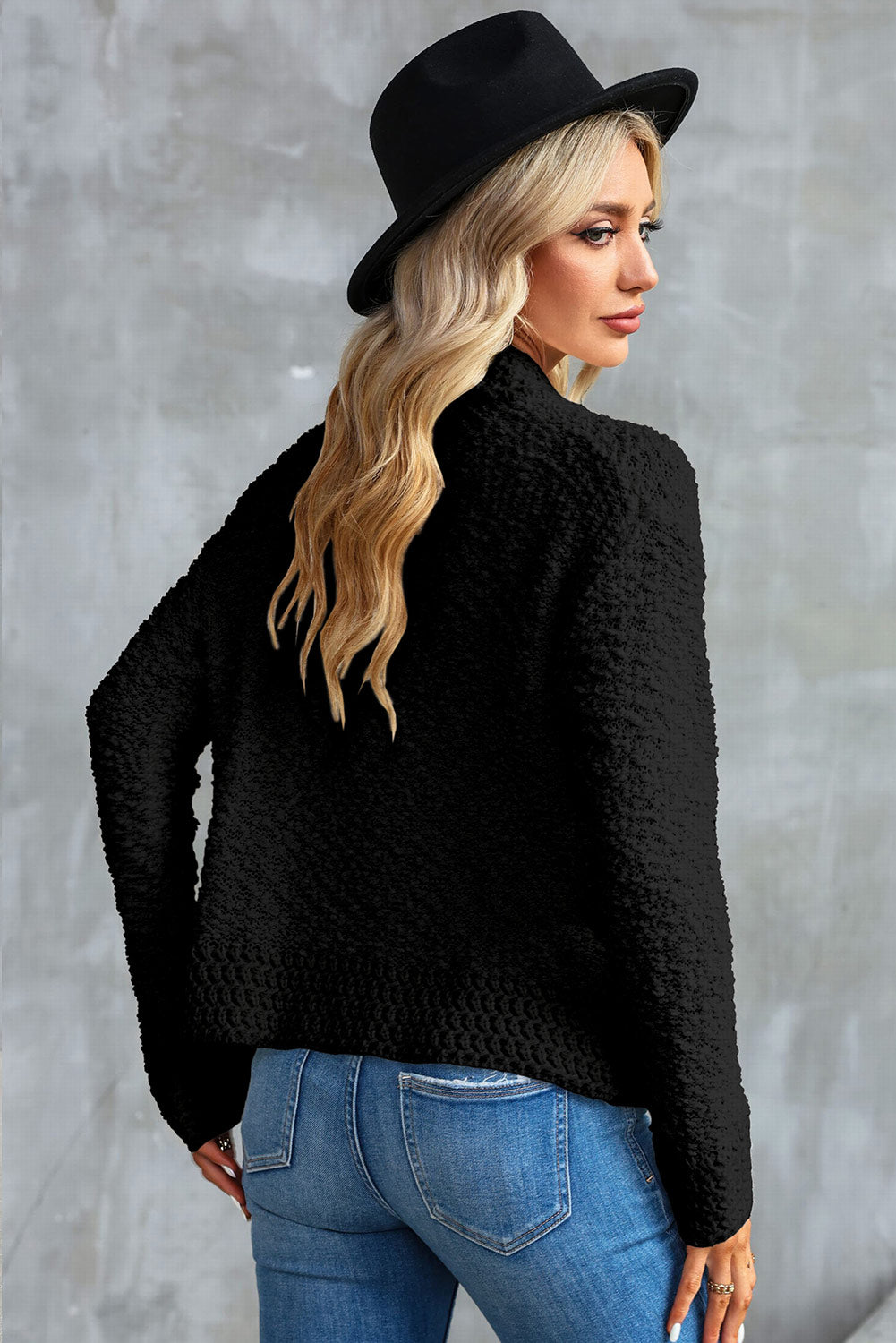 Black Popcorn Knit Open Front Cardigan