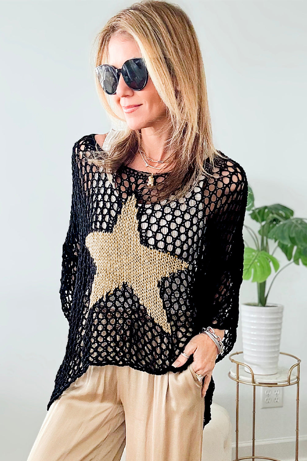 Black Star Graphic Crochet Knitted Summer Sweater Top