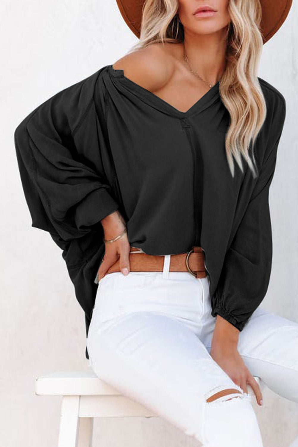 Black Split V Neck Dolman Top