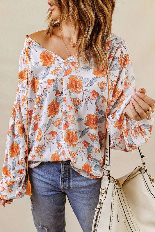 Orange Split V Neck Floral Print Dolman Blouse