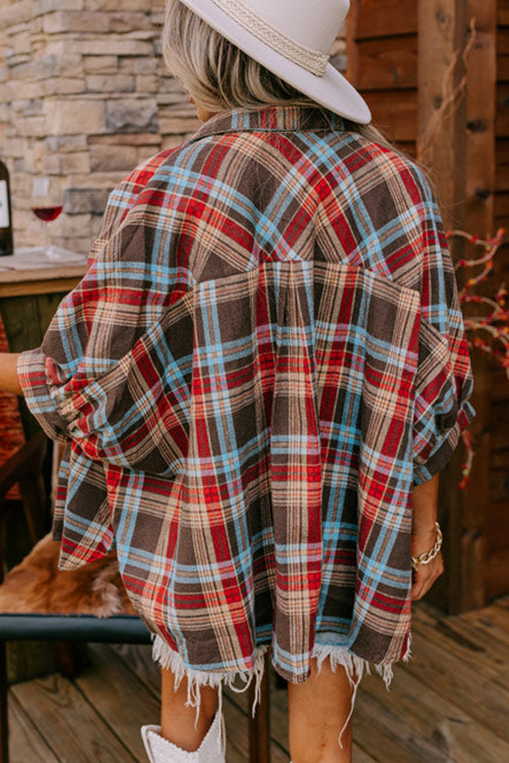 Fiery Red Loose Bracelet Sleeve Plaid Shirt