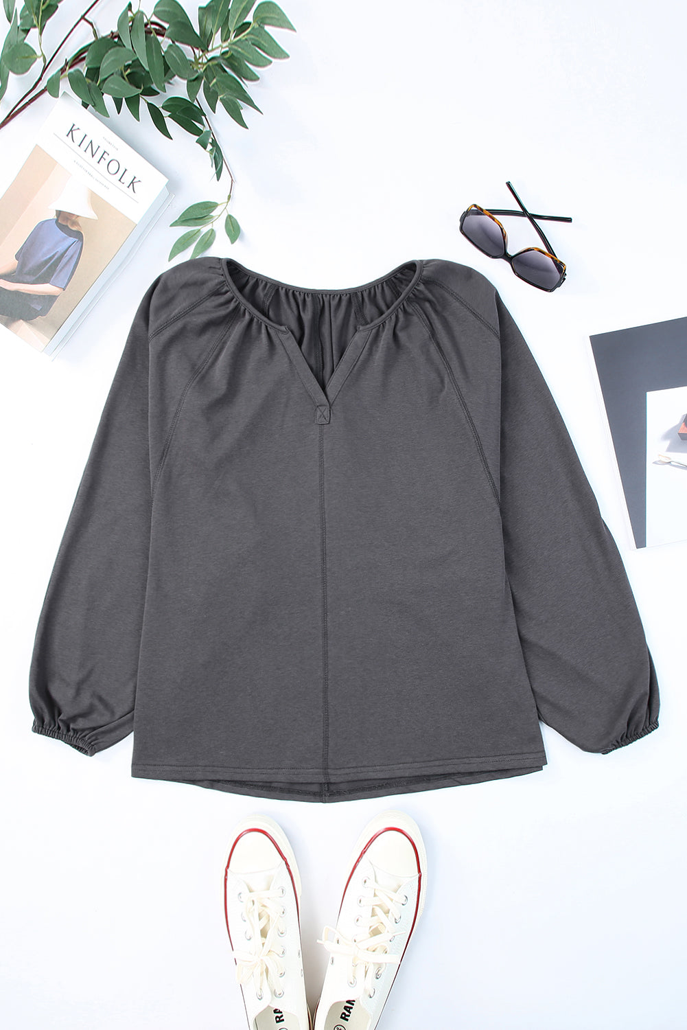 Gray Split V Neck Dolman Top