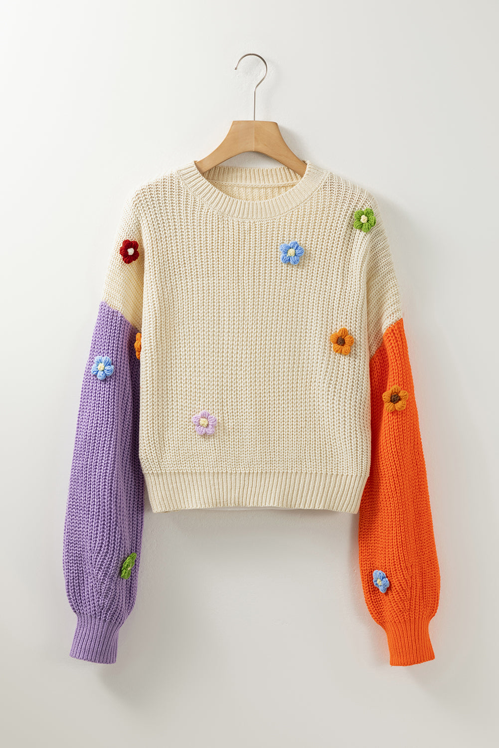 Multicolour Flower Applique Colorblock Drop Shoulder Sweater