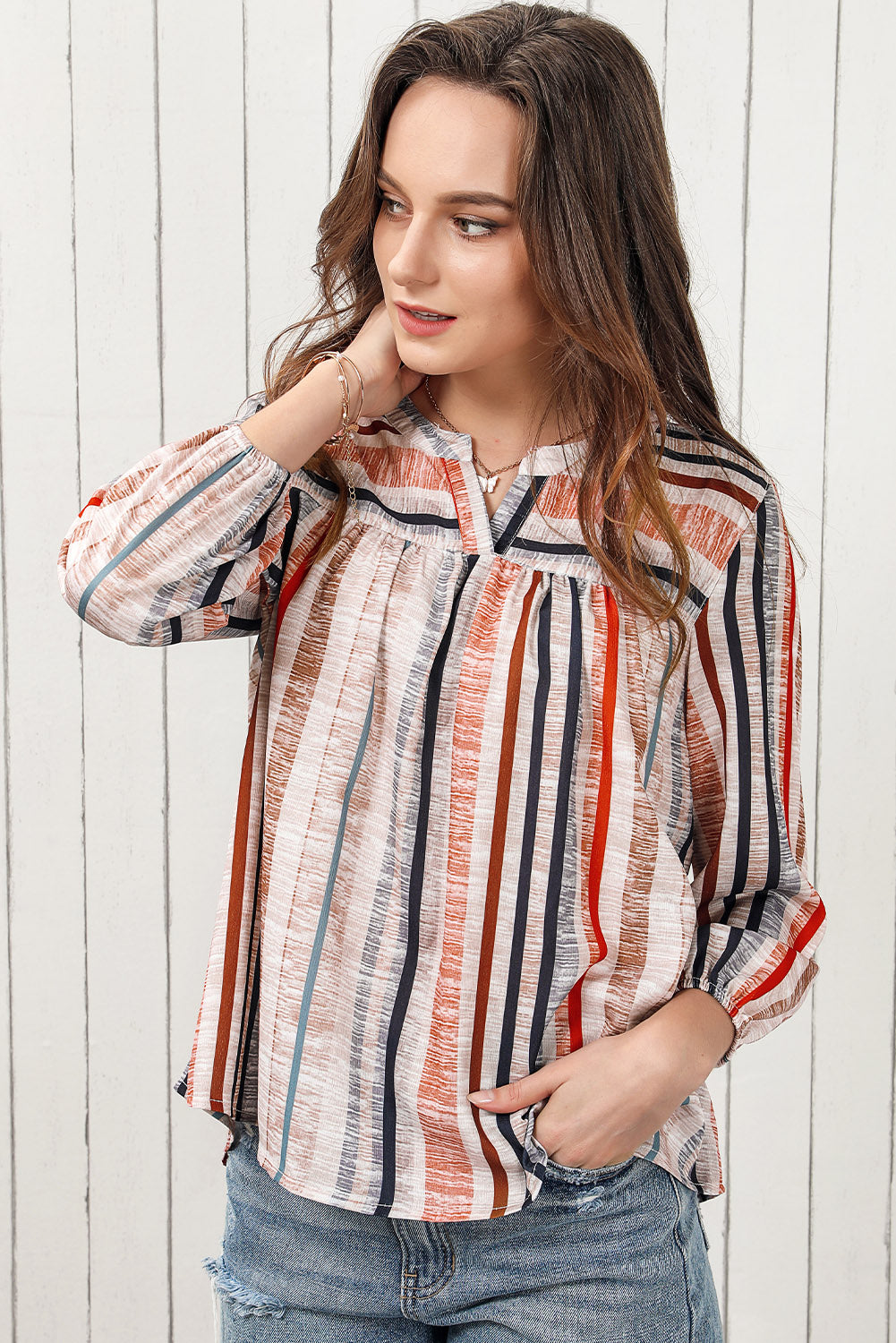 Multicolor Striped 3/4 Sleeve Blouse