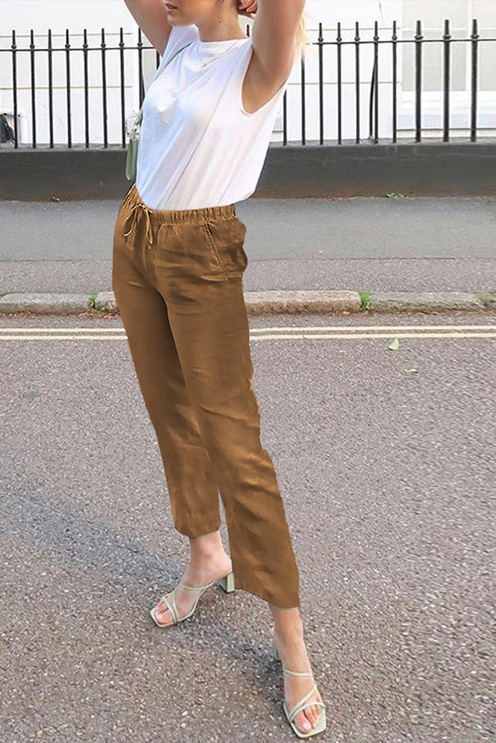 Brown Drawstring Elastic Waist Pockets Long Straight Legs Pants