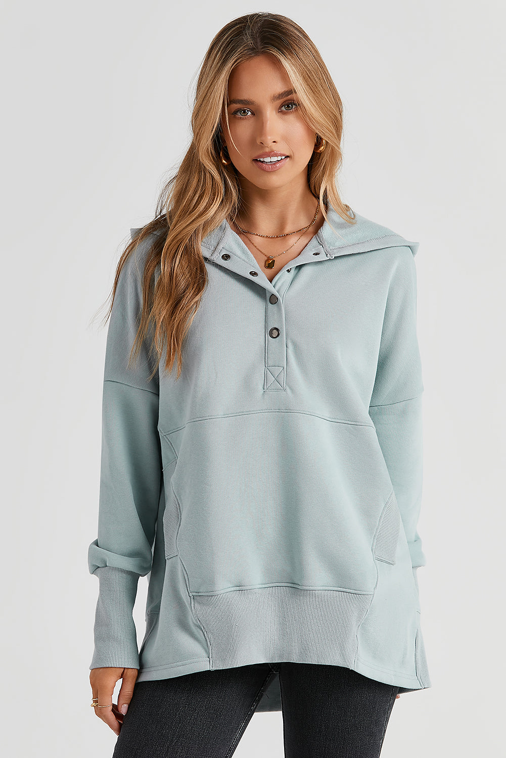 Gray Batwing Sleeve Pocketed Henley Hoodie