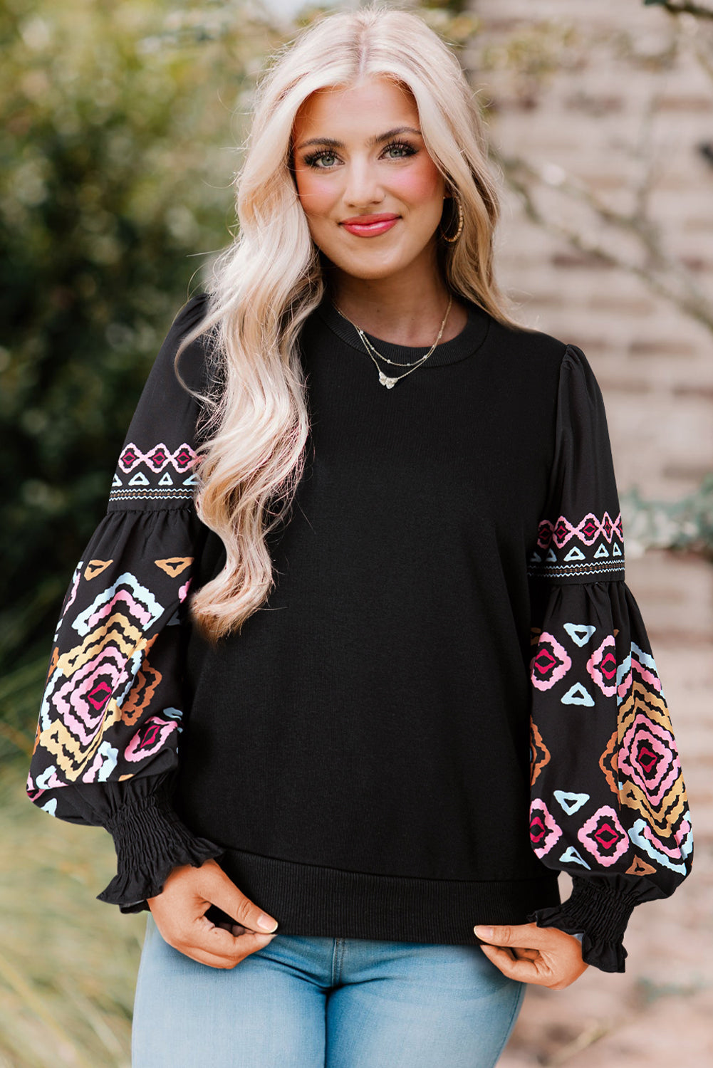 Black Printed Balloon Sleeve Crew Neck Blouse