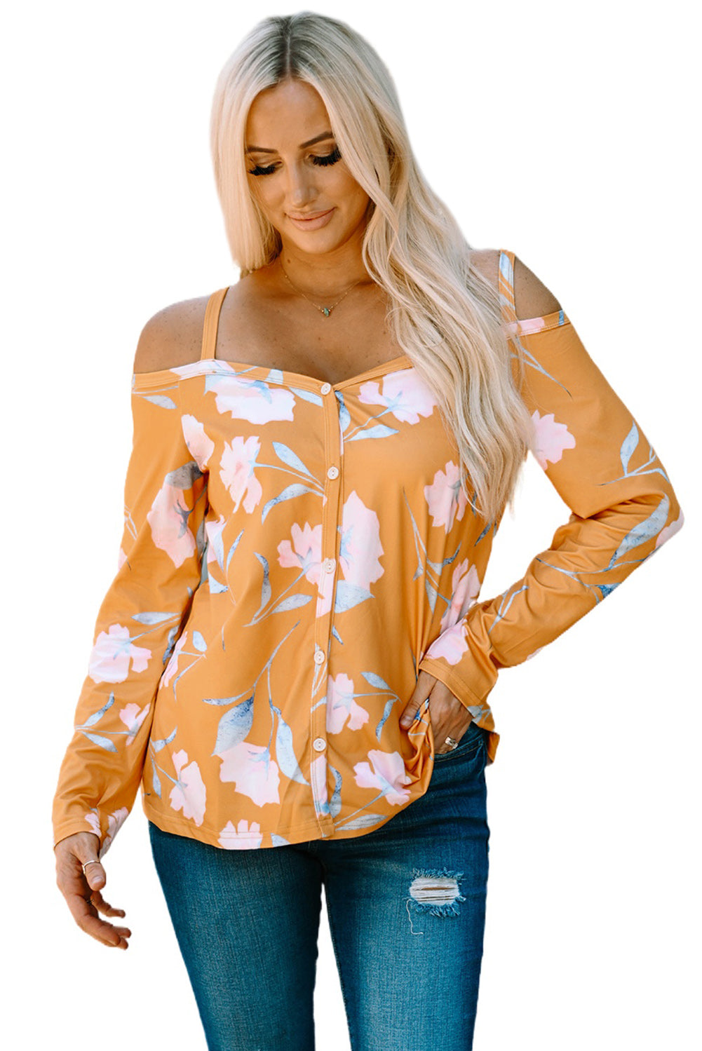 Yellow Cold Shoulder Long Sleeve Floral Top