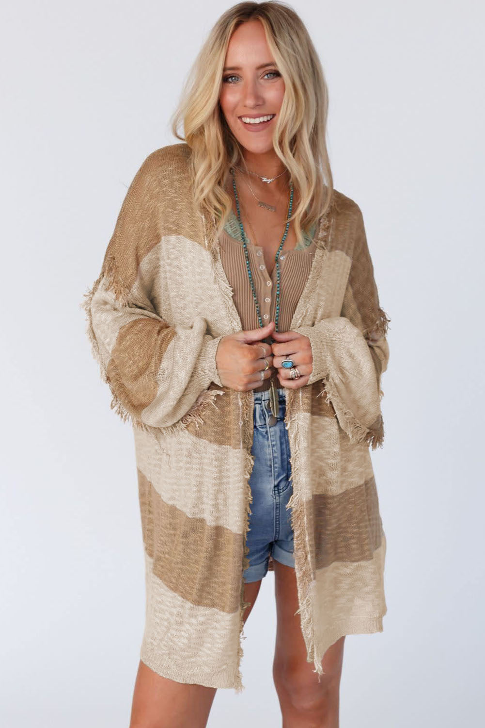 Khaki Stripe Lantern Sleeve Fringed Open Cardigan