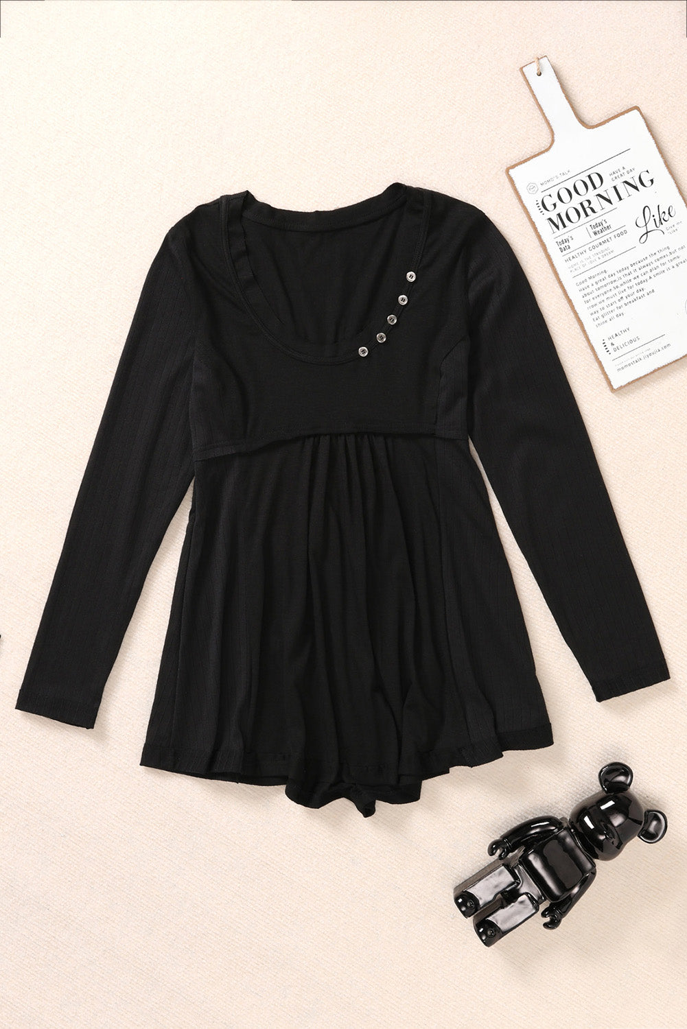 Black Solid Color Buttons Long Sleeve Babydoll Blouse