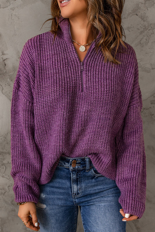 Purple Zipped Turtleneck Drop Shoulder Knit Sweater