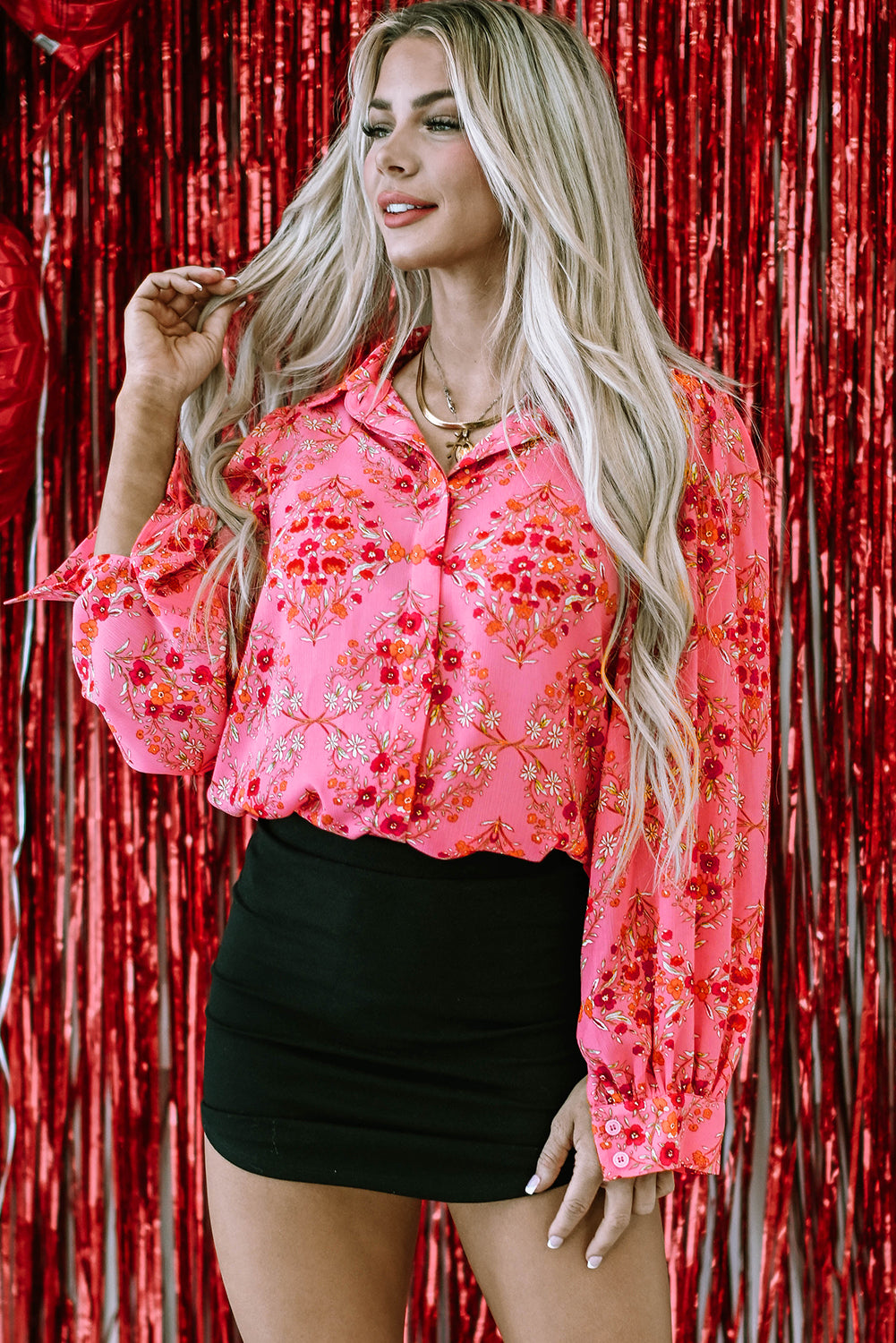 Strawberry Pink Aesthetic Floral Puff Sleeve Shirt