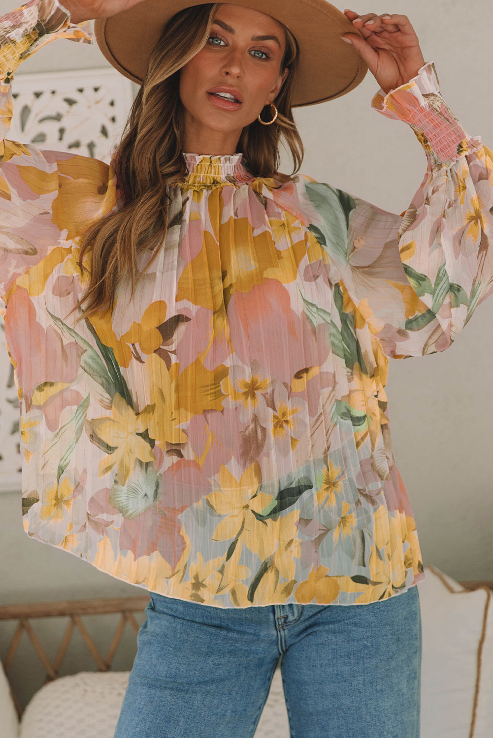 Yellow Floral Print Flounce Sleeve Mock Neck Blouse