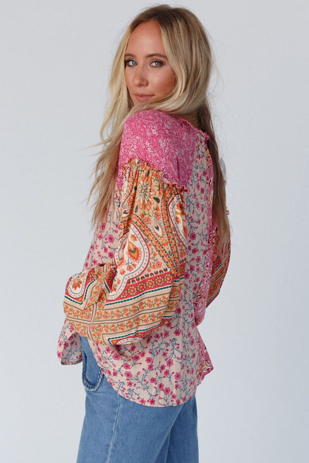 Pink Mixed Floral Printed Puff Sleeve V-Neck Shirt