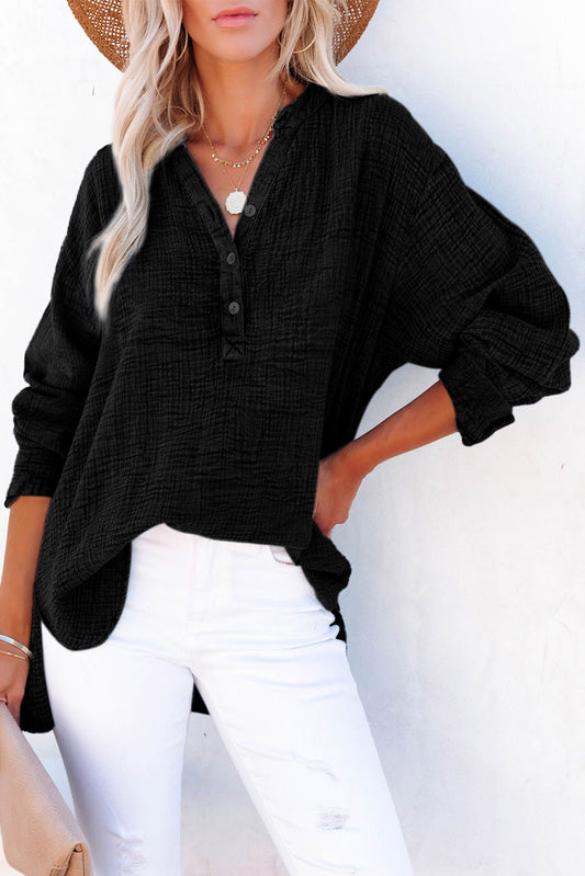 Black Crinkle Textured Loose Henley Top