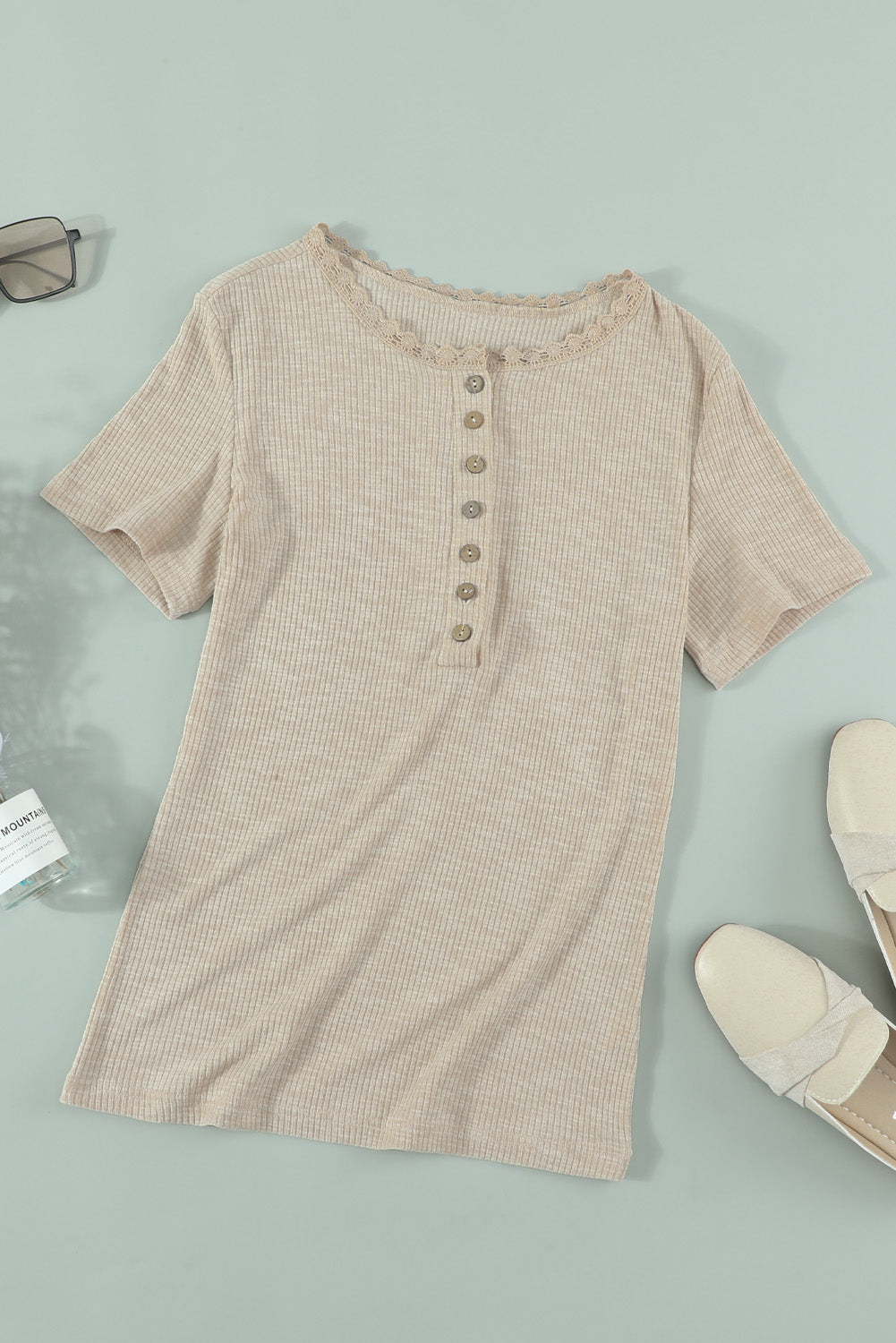 Beige Buttoned Ribbed Knit Short Sleeve Top