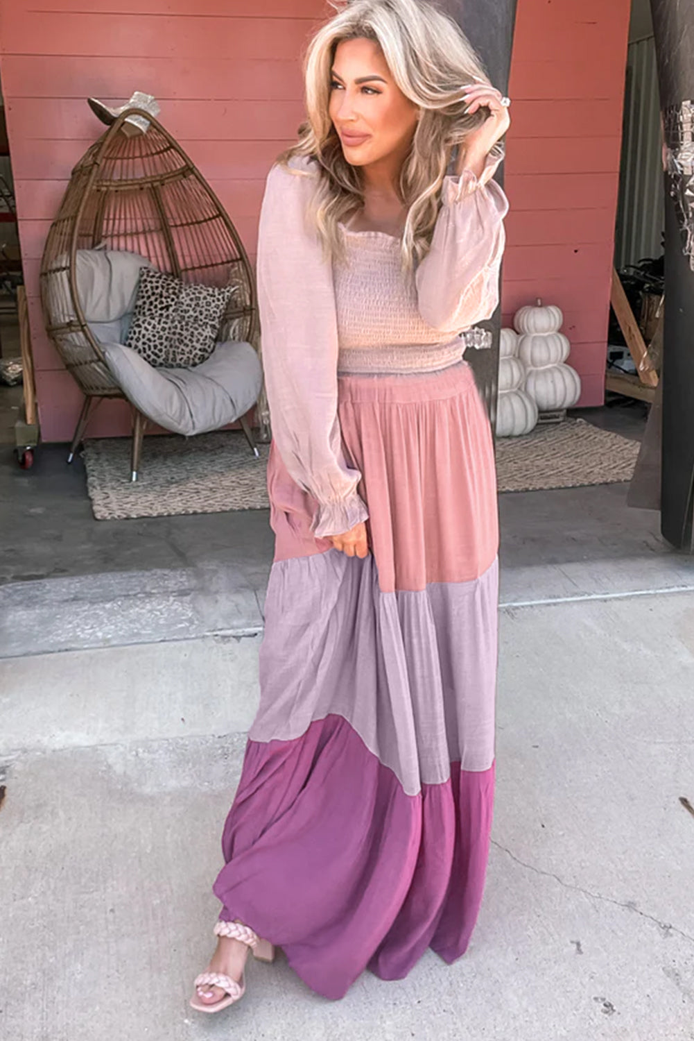 Multicolour Smocked Bubble Sleeve Colorblock Tiered Maxi Dress