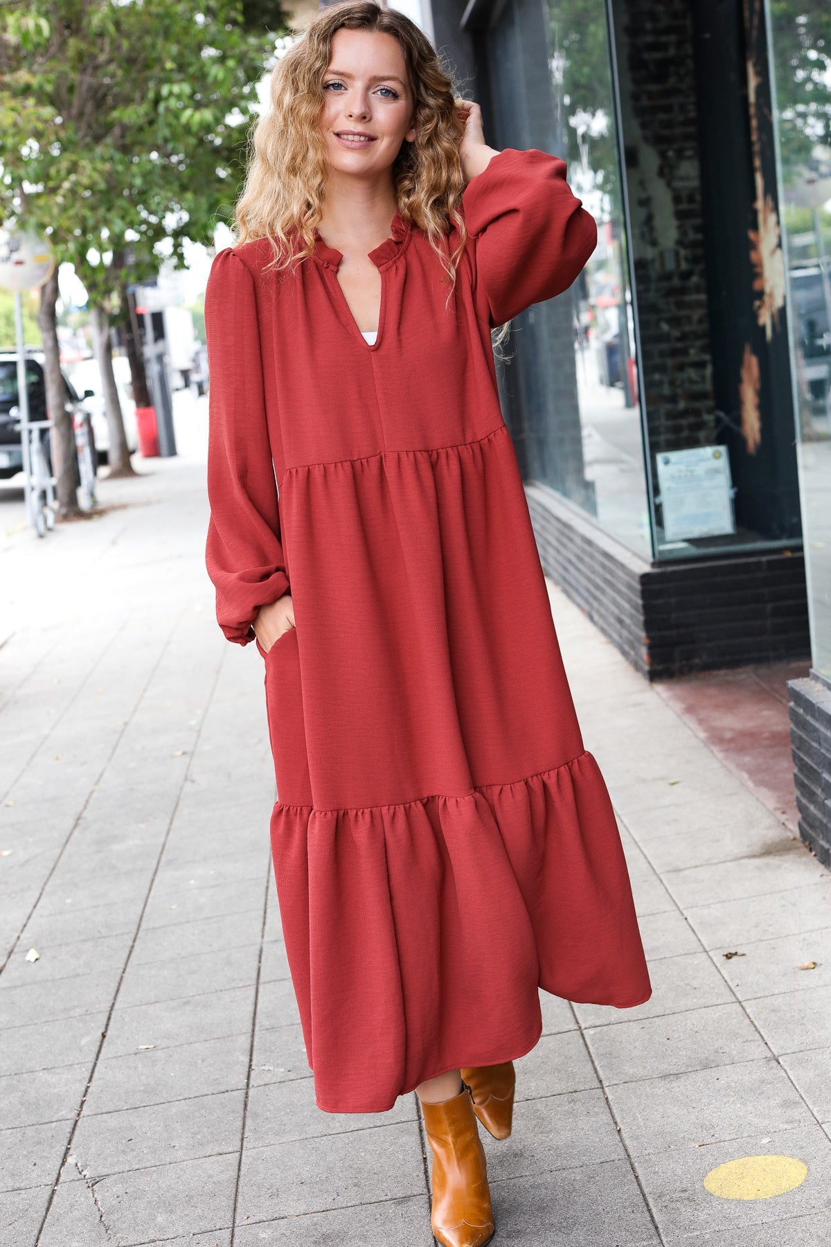 Lock Eyes Spice Notched Neck Frill Hem Tiered Maxi Dress