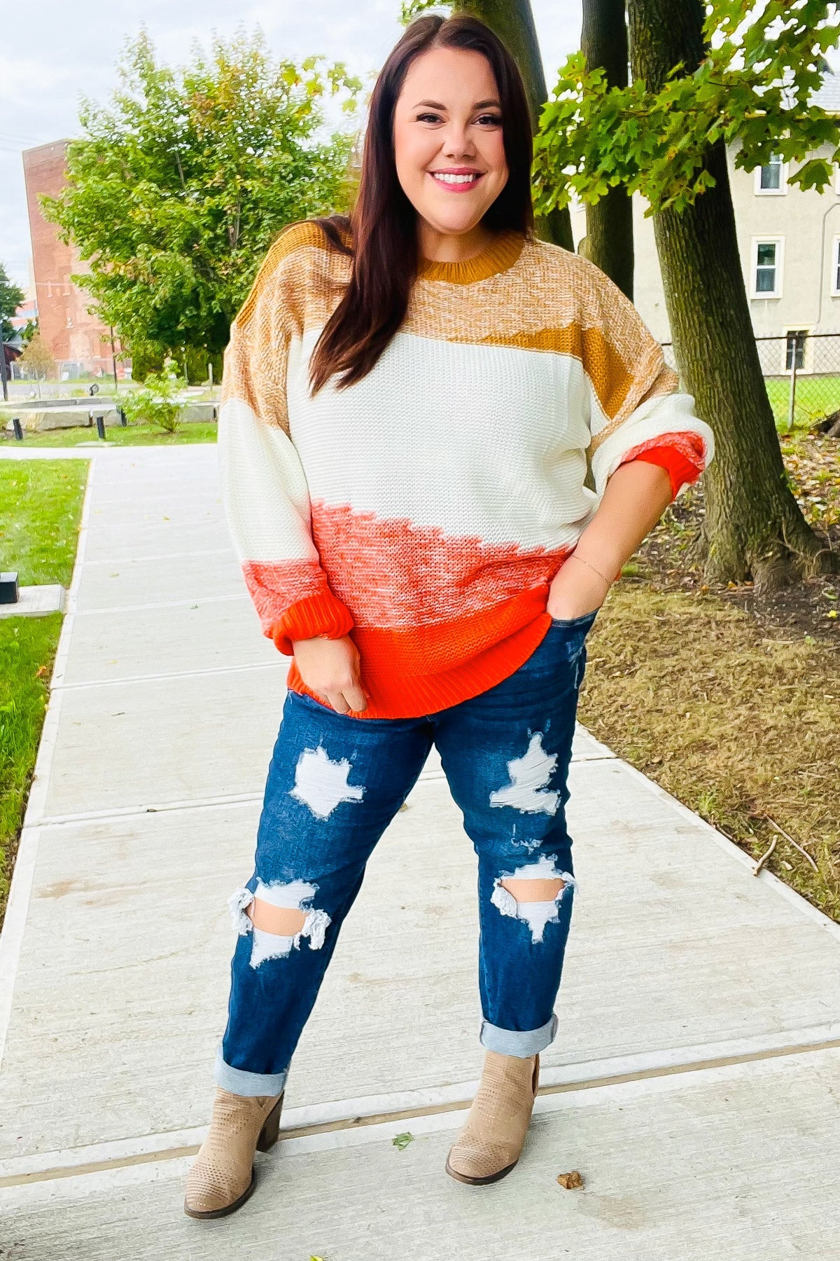 Adorable You Camel & Orange Color Block Sweater