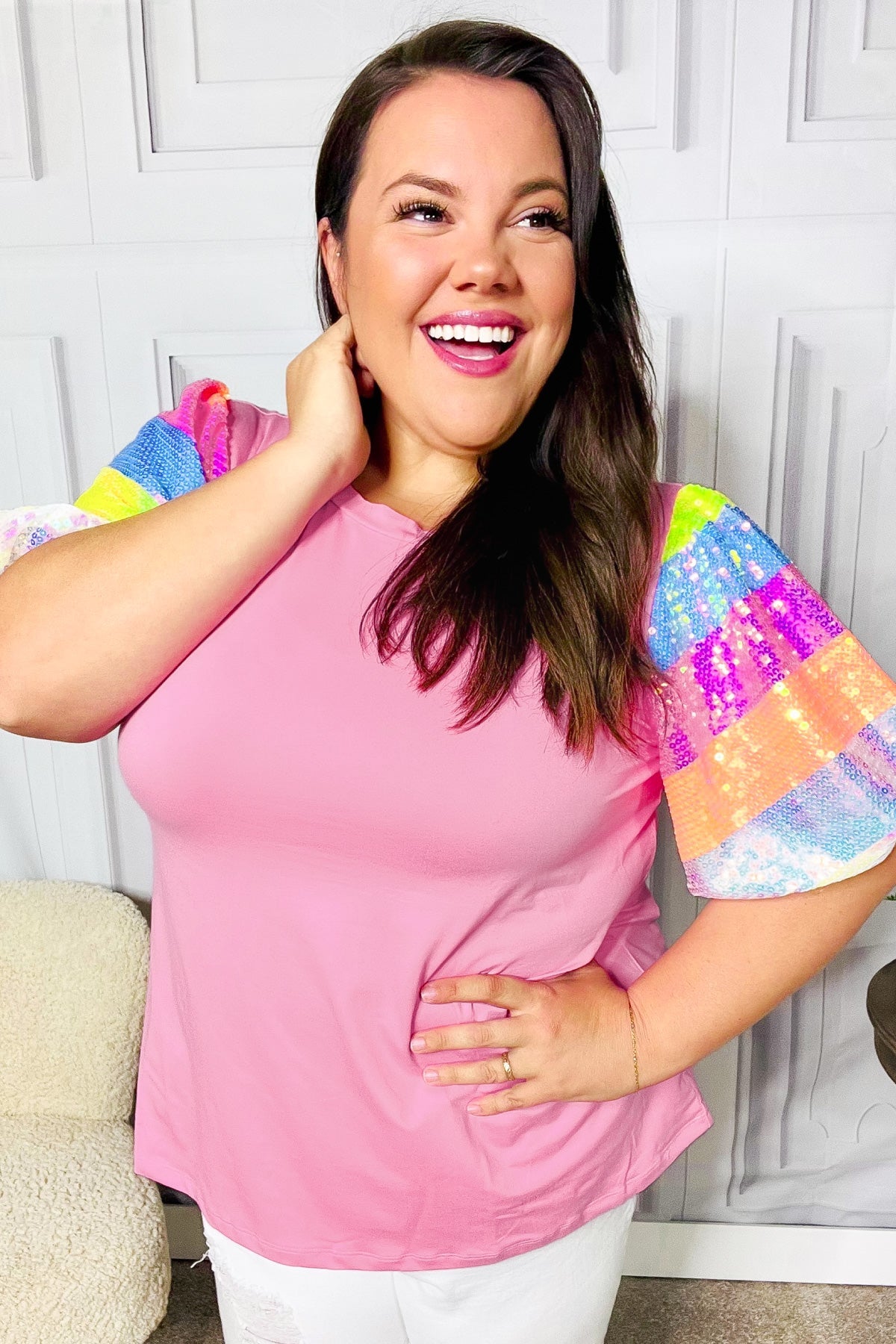 Stand Out Pink Rainbow Sequin Puff Sleeve Top