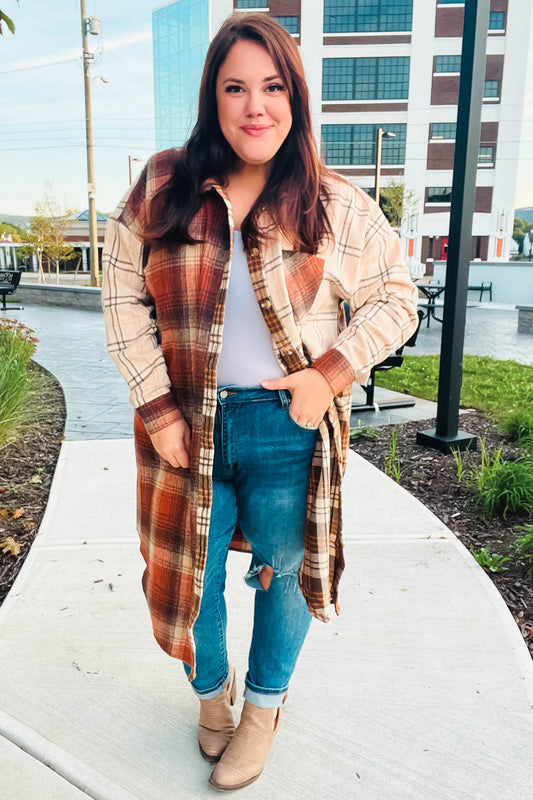 Stand Out Rust & Taupe Color Block Plaid Longline Shacket