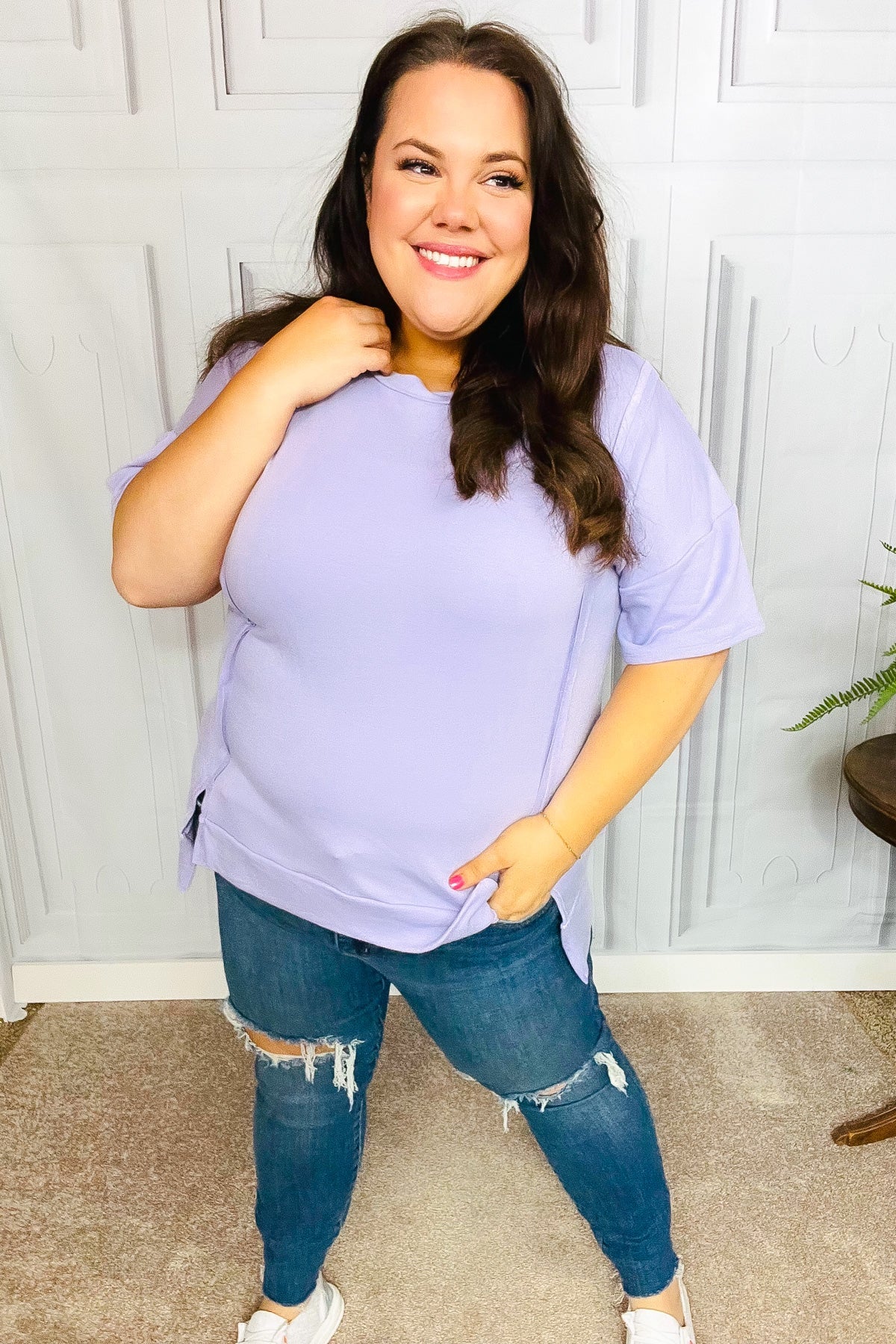 Perfectly Poised Lilac Cut Edge French Terry Top