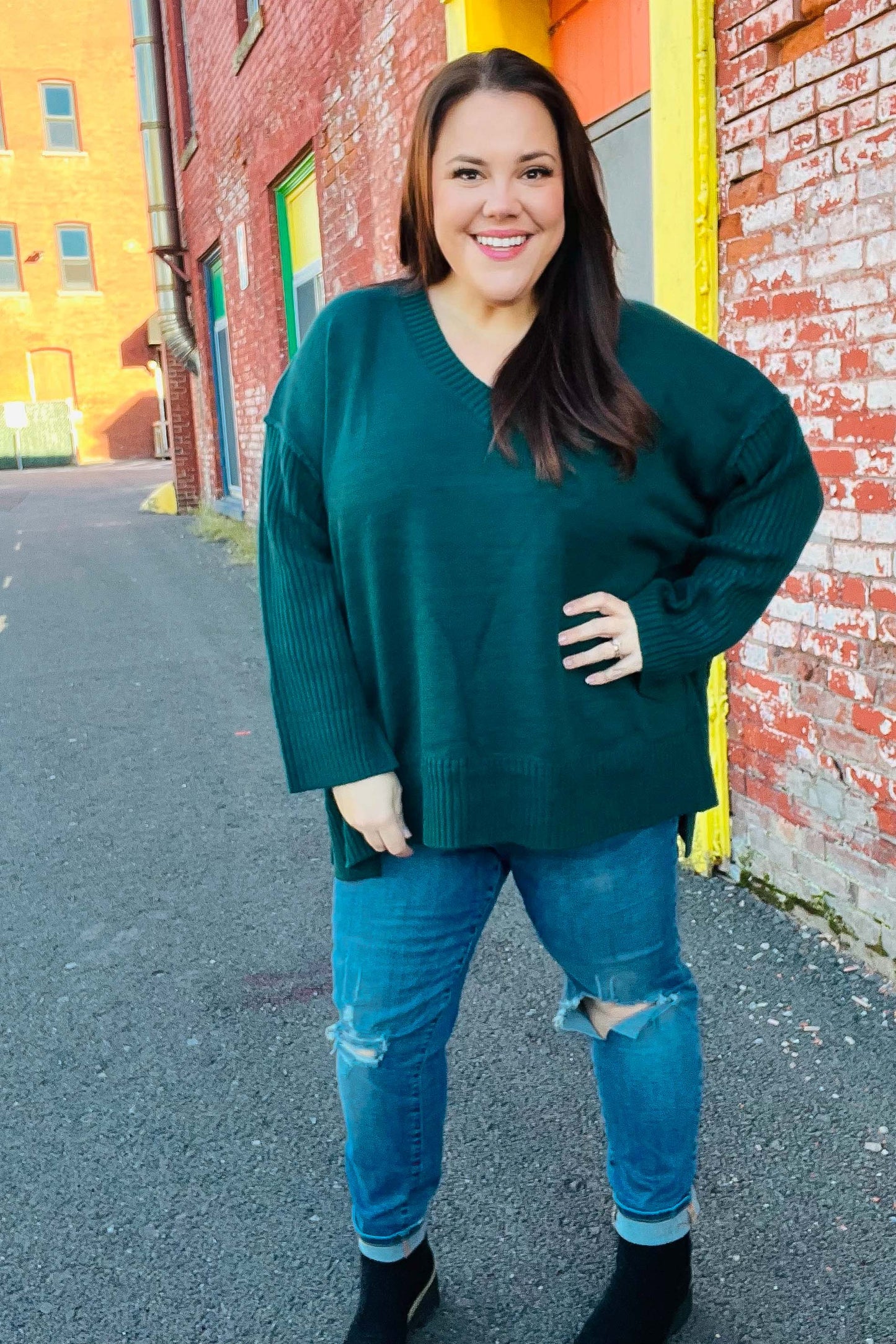 Casual Chic Hunter Green Oversized V Neck Rib Knit Sweater