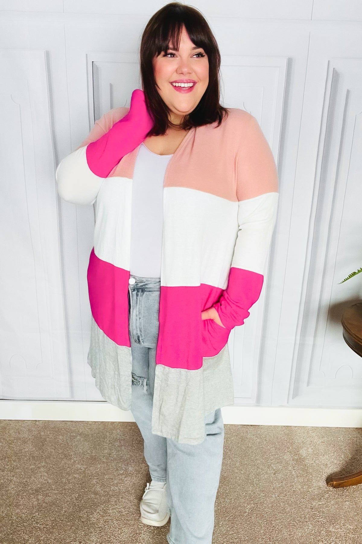 Face The Day Blush Wide Stripe Hacci Colorblock Cardigan