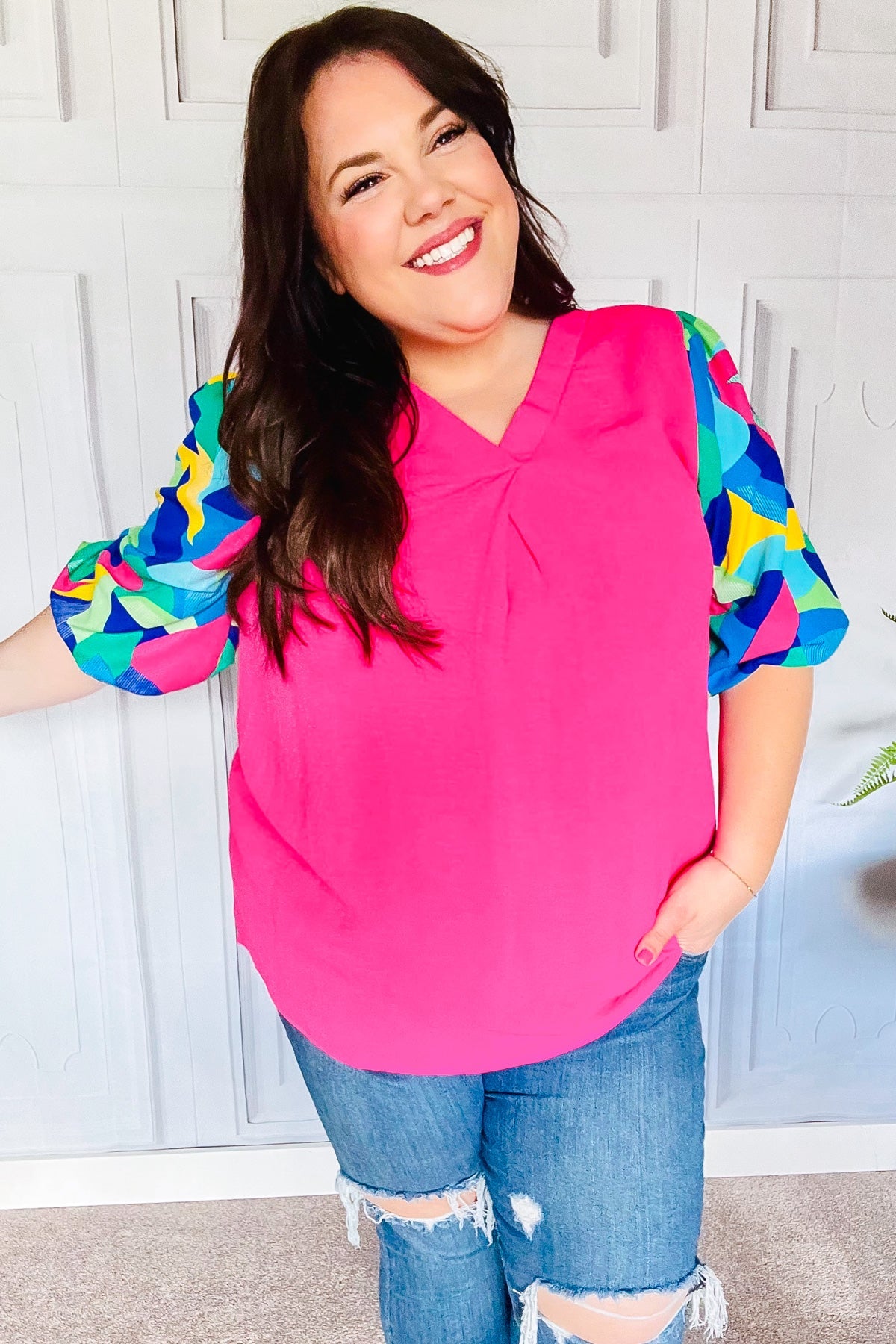 Tell Your Story Fuchsia Geo Print Puff Sleeve V Neck Top