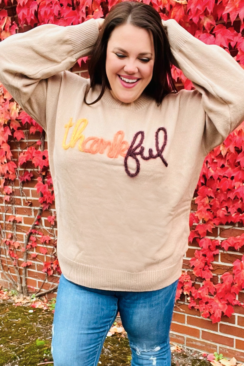 Feeling Thankful Taupe Pop Up Glittery Embroidery Sweater