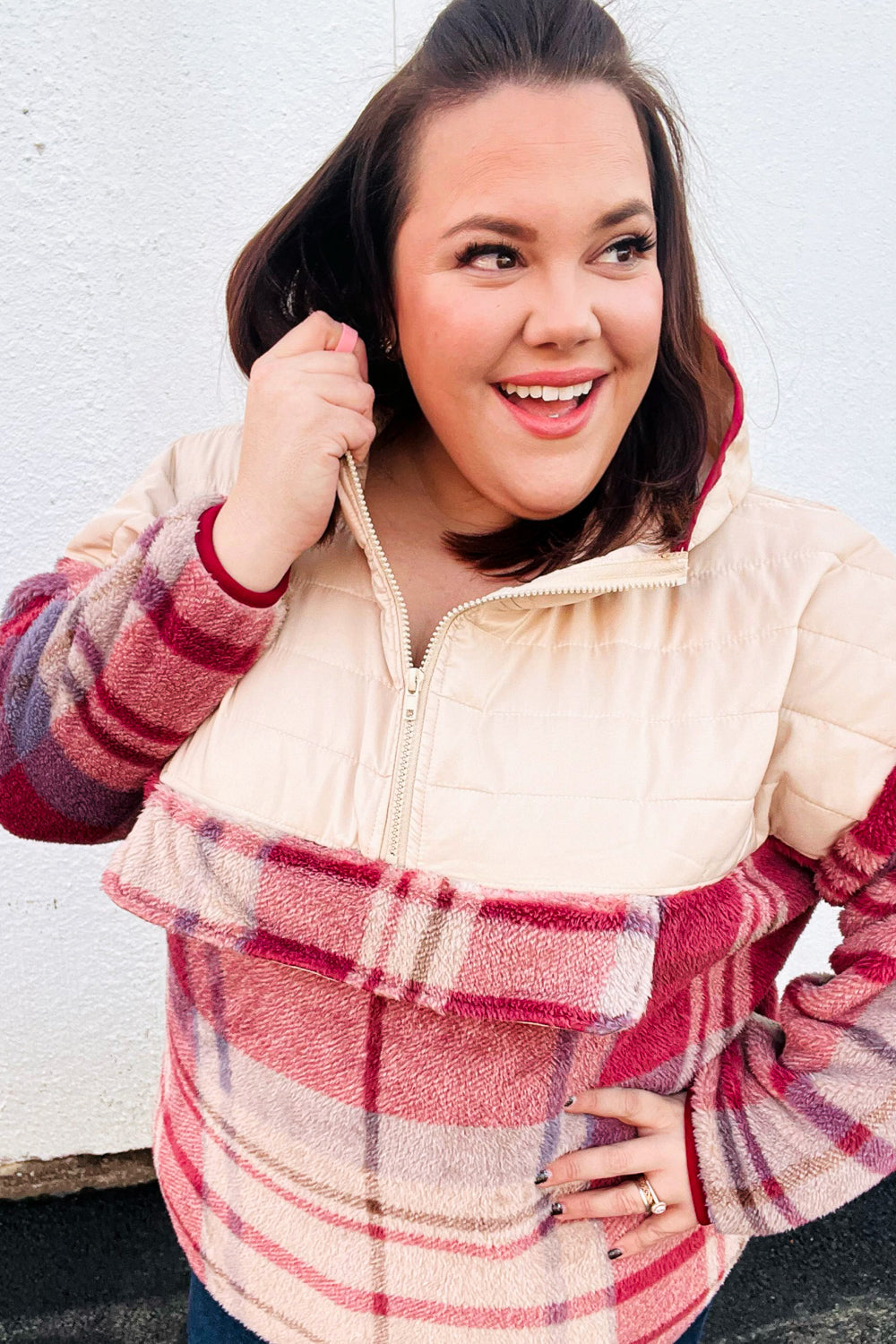 Tried & True Oatmeal & Garnet Plaid Half Zip Puffer Hoodie