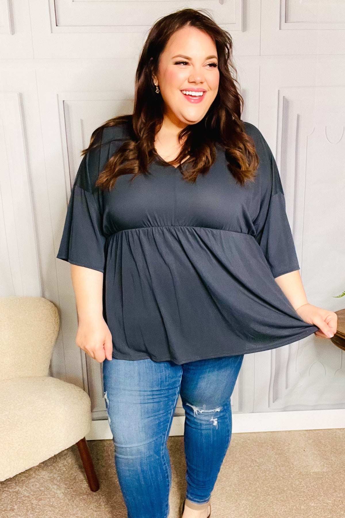 Easy To Love Charcoal Babydoll Dolman Modal V Neck Top