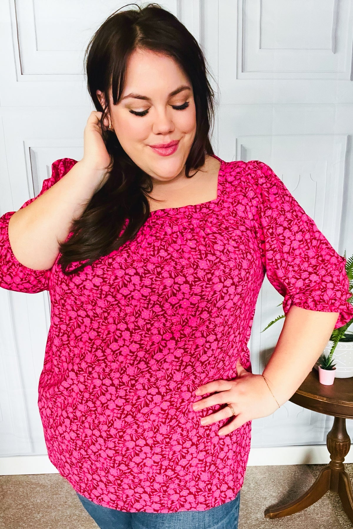 Perfectly You Fuchsia Floral Three Quarter Sleeve Square Neck Top