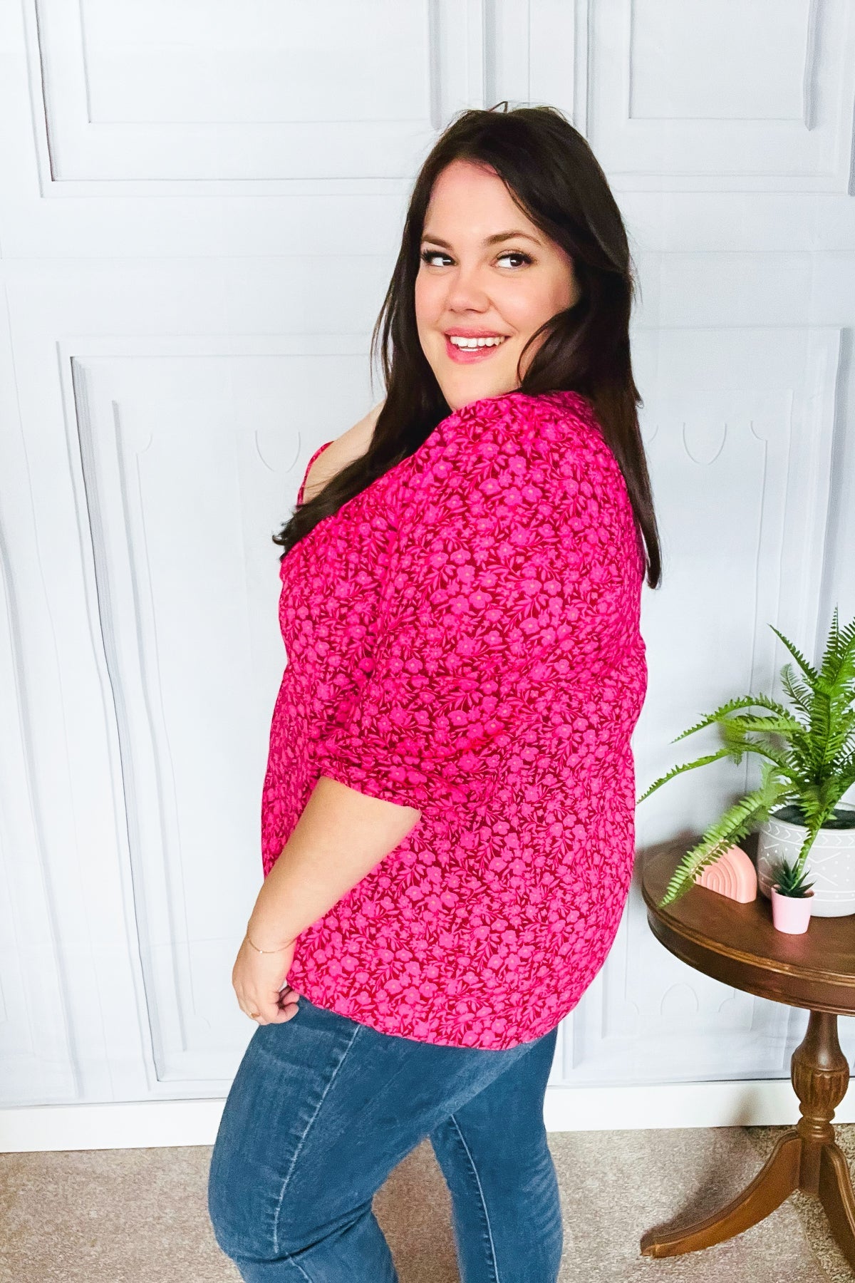 Perfectly You Fuchsia Floral Three Quarter Sleeve Square Neck Top