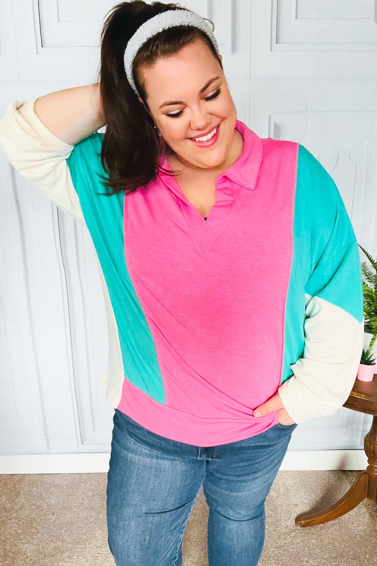 Stand Out Hot Pink & Mint V Neck Collared Terry Color Block Top