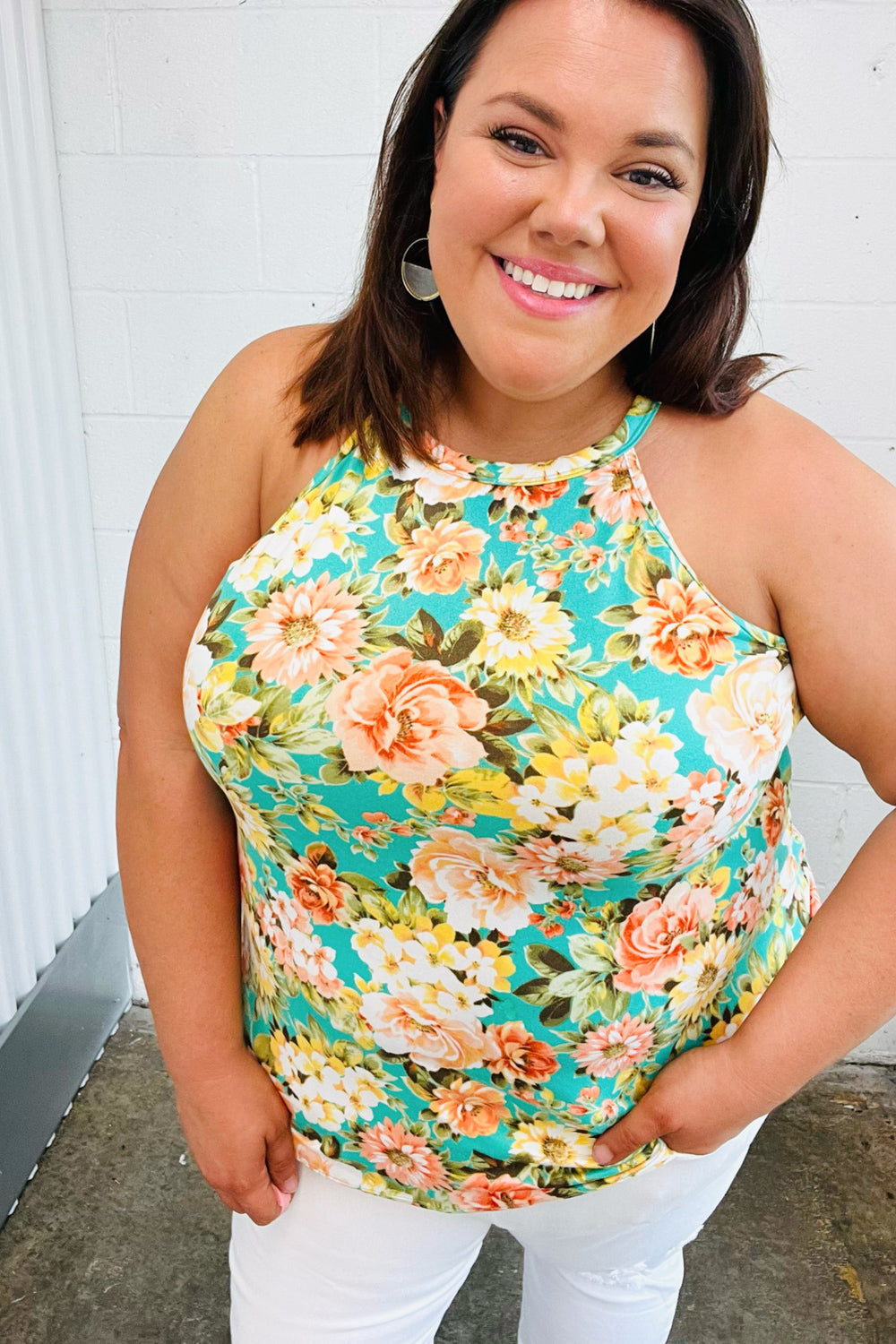 Seafoam Green Floral Halter Neck Tank Top