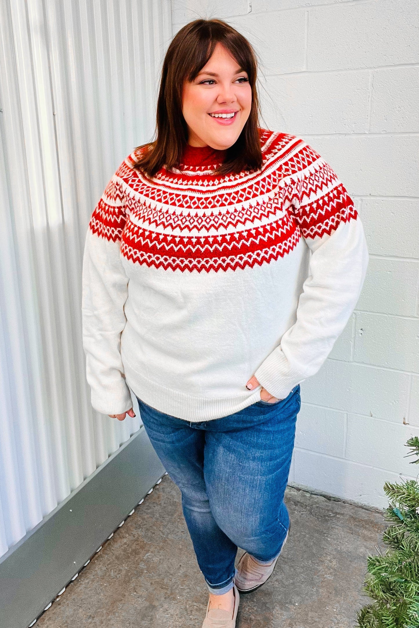 Feeling Festive Ivory & Red Fair Isle Mock Neck Sweater