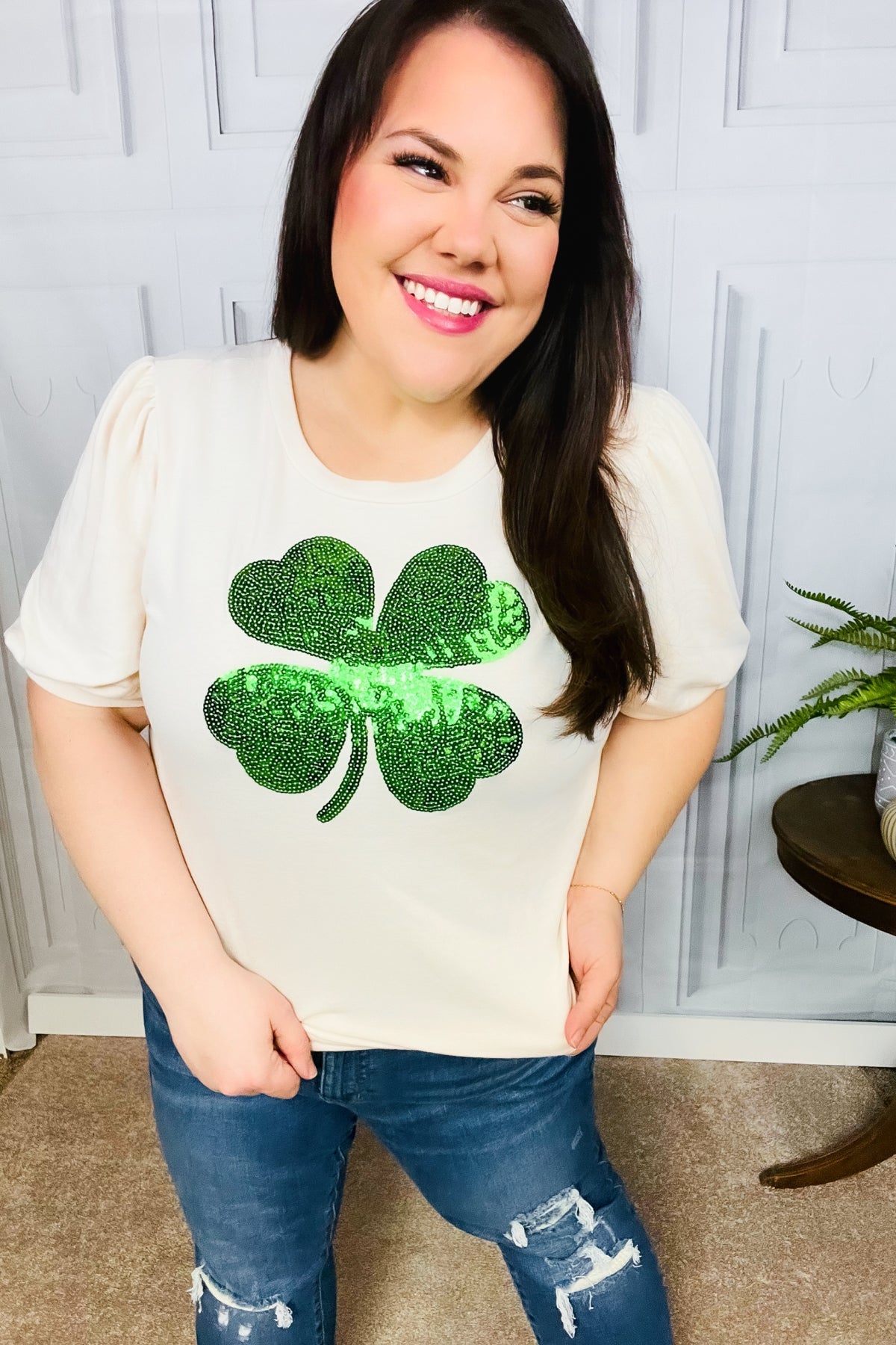 Saint Patty Sequin Clover French Terry Puff Sleeve Top