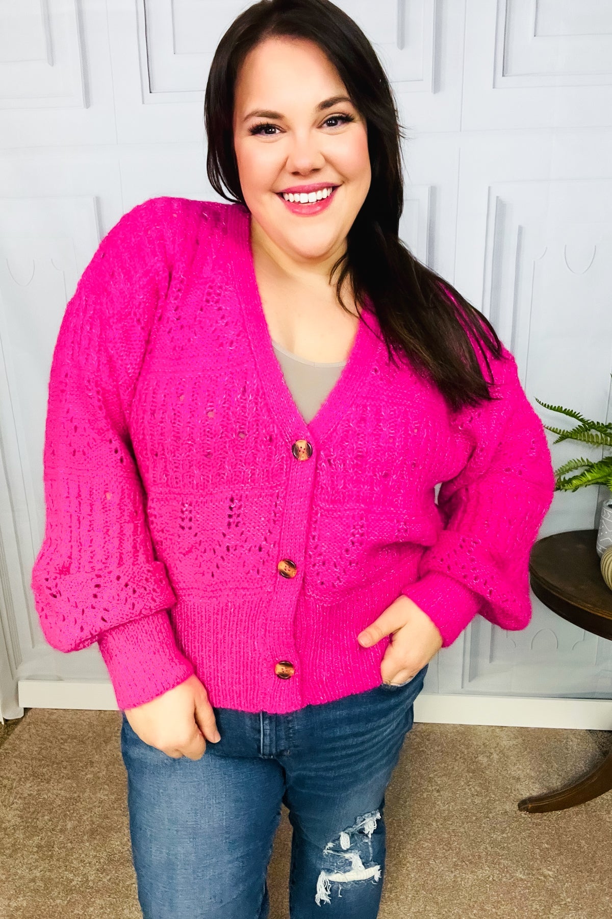 Pretty In Pink Button Down Pointelle Knit Cardigan