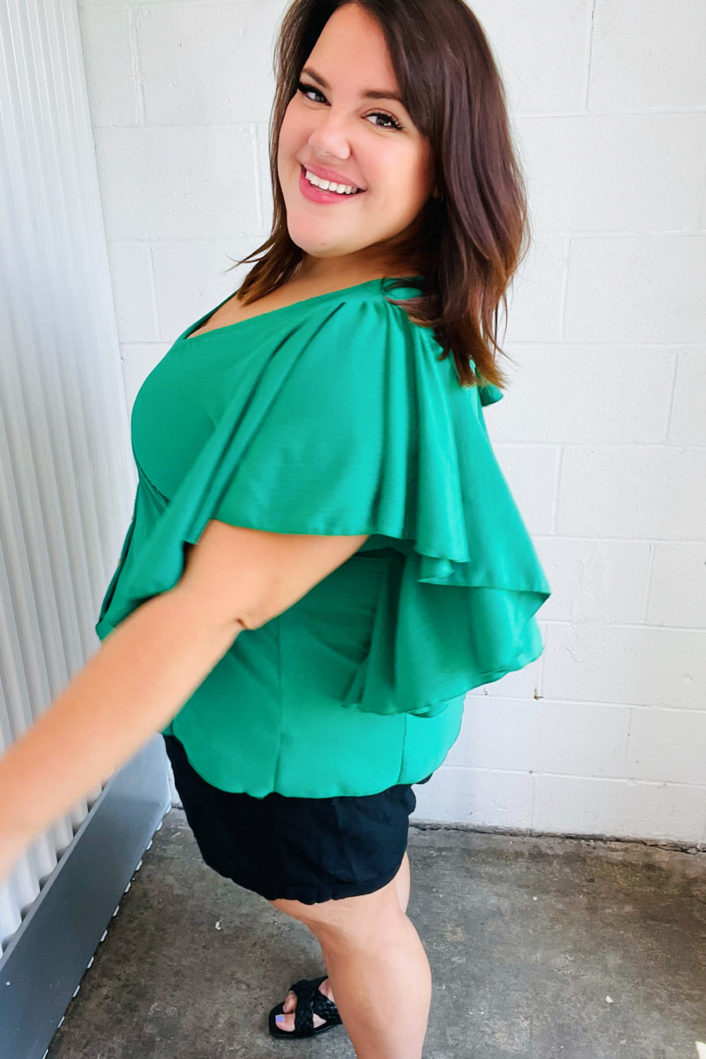 Sea Green Button Ruffle Woven Top