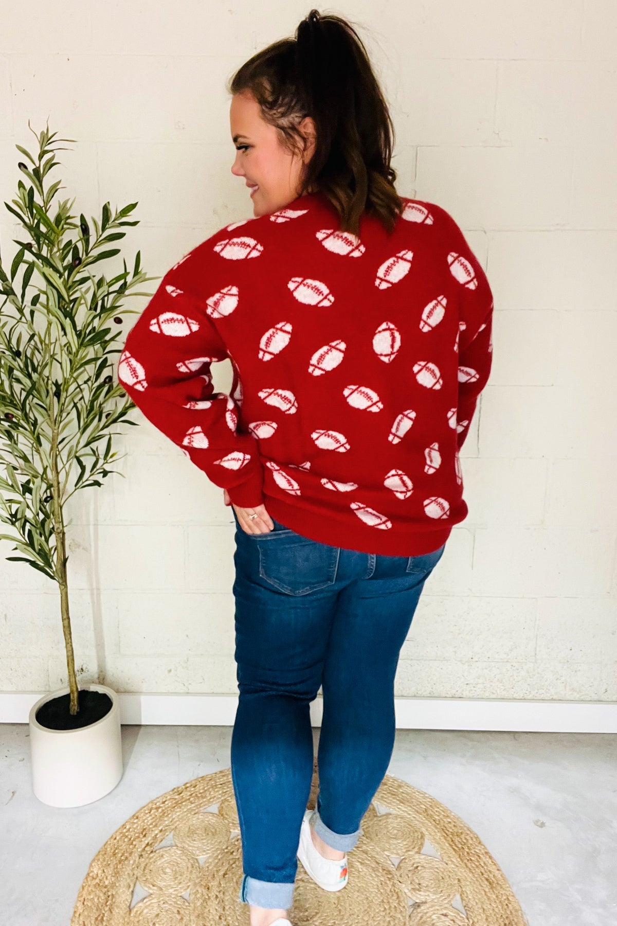 Game Day Red Football Print Jacquard Knit Sweater