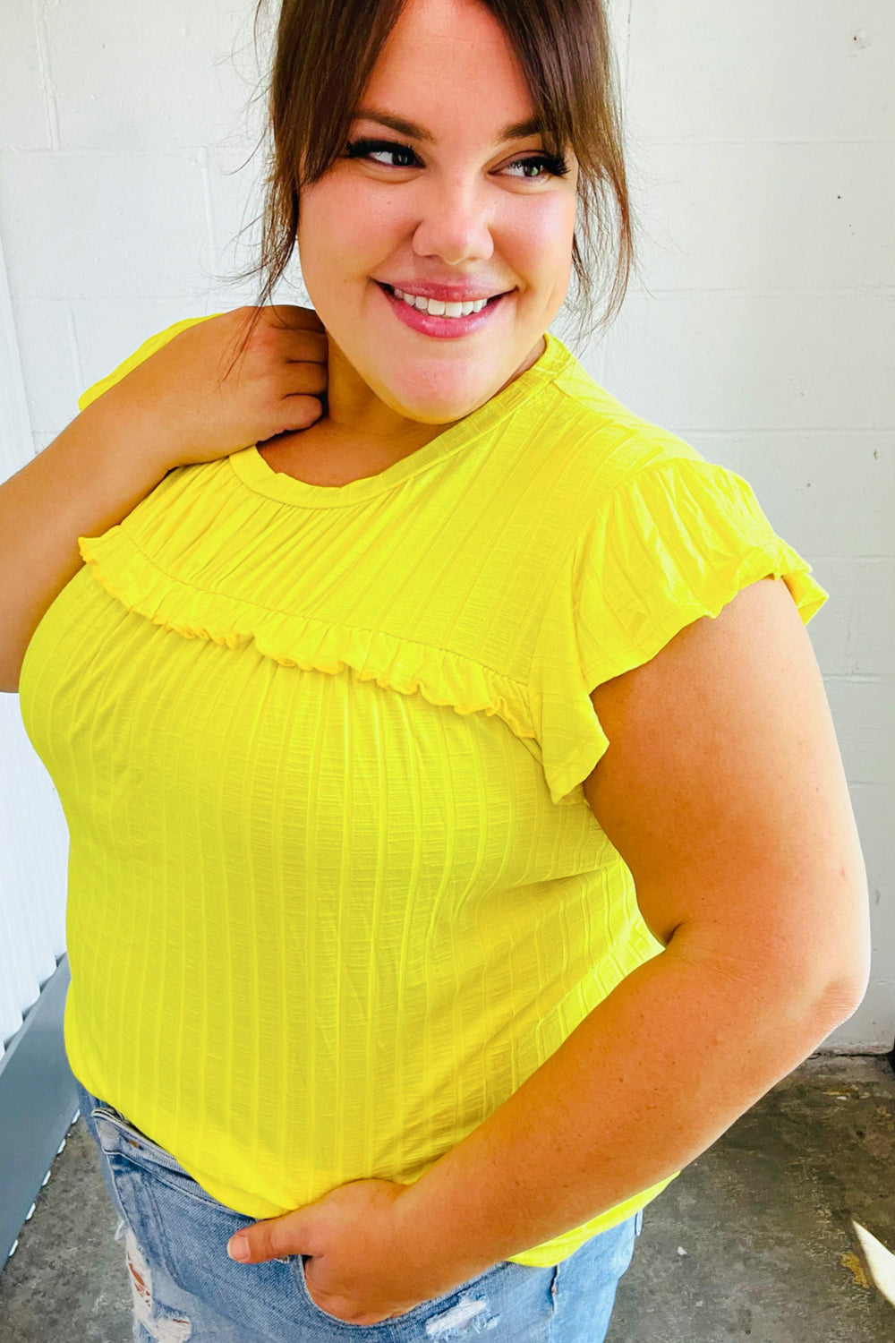 Yellow Wide Rib Frilled Short Sleeve Yoke Top