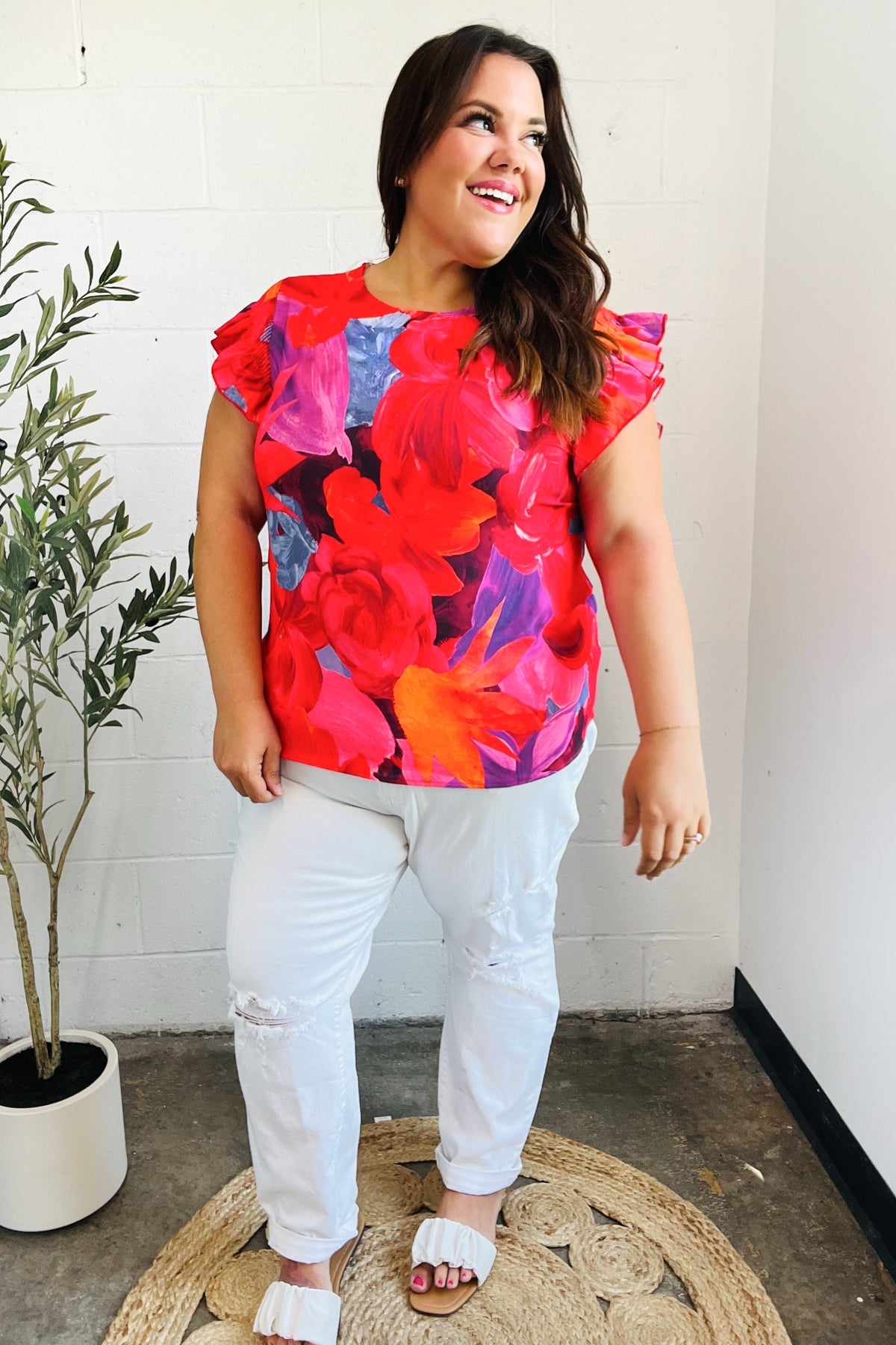 Look of Love Red & Fuchsia Floral Smocked Ruffle Frill Sleeve Top