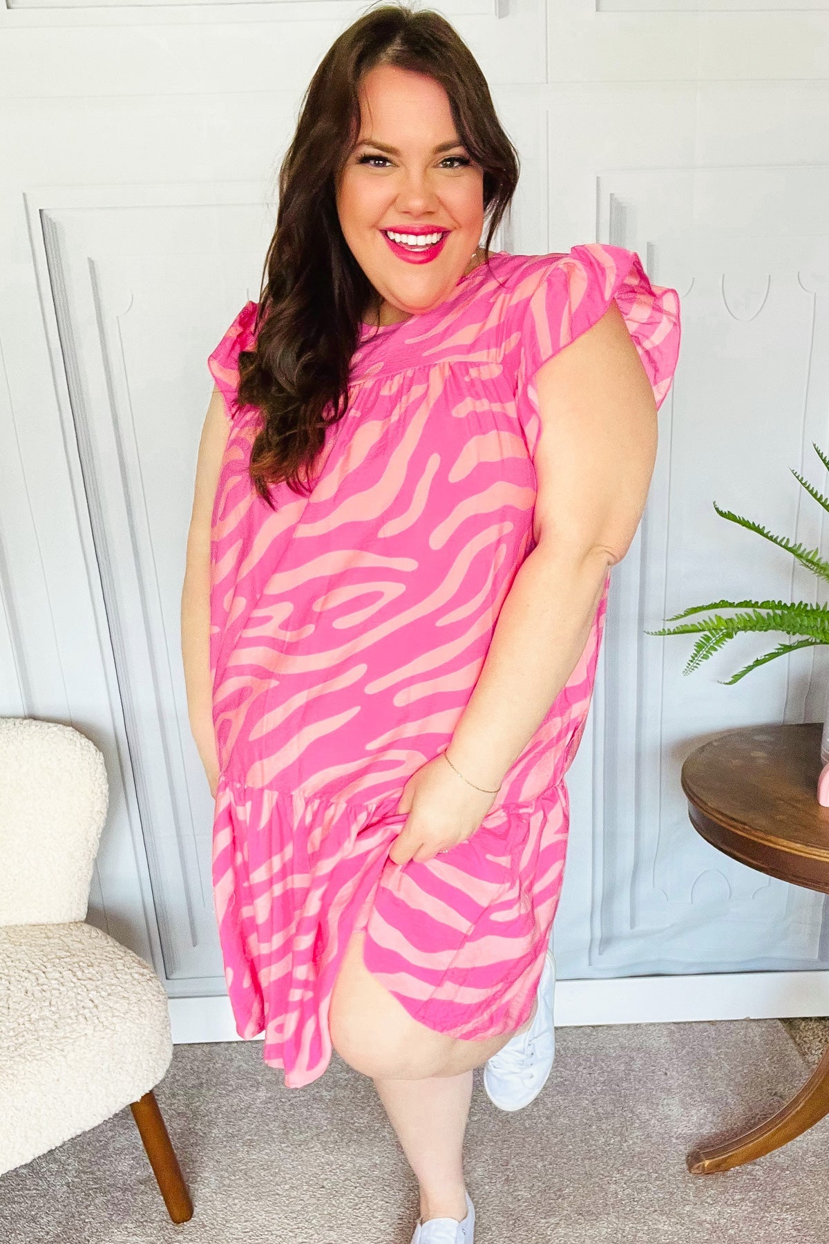 Remember Me Pink Zebra Print Tiered Ruffle Sleeve Woven Dress